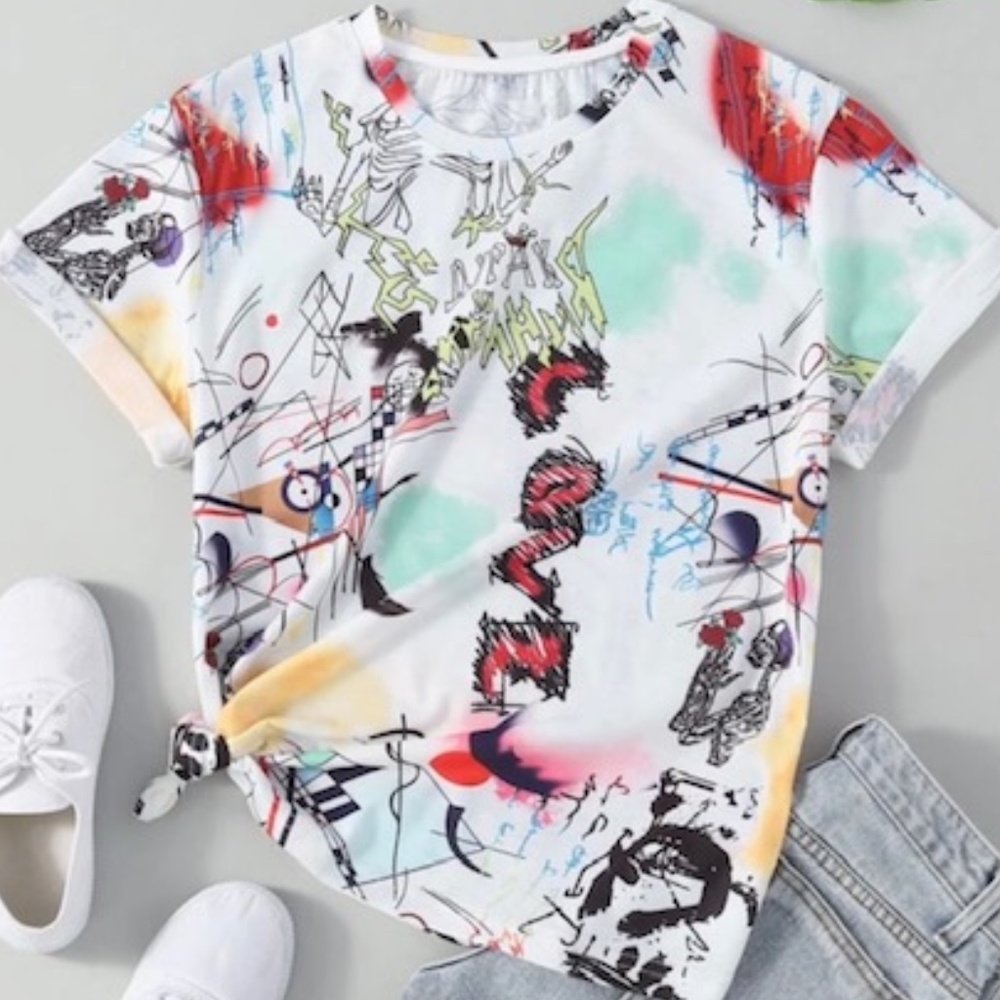 Graffiti Print Round Neck Tee Multicolor Sz L  8/10